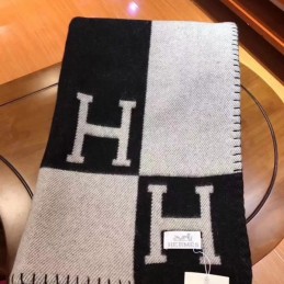 Replica Hermes Black and Gray Avalon H Wool Cashmere Blanket