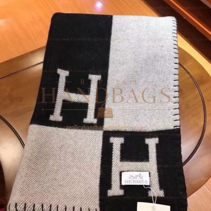 Replica Hermes Black and Gray Avalon H Wool Cashmere Blanket