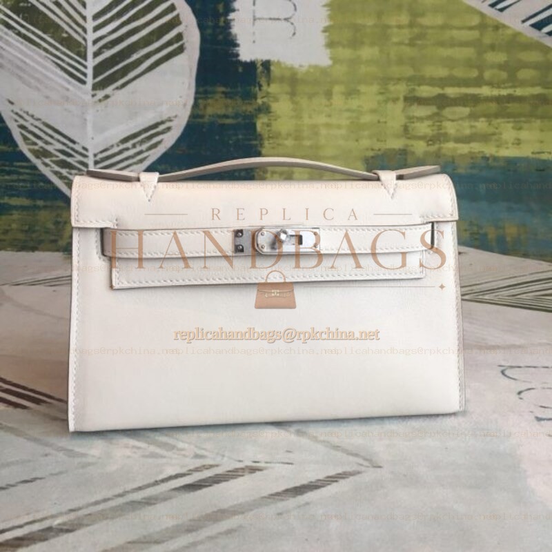 Replica Hermes White Kelly Pochette Palladium Hardware Bag