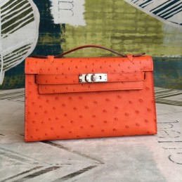 Replica Hermes Orange Ostrich Leather Kelly Pochette Bag