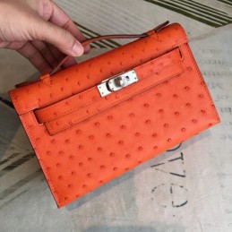 Replica Hermes Orange Ostrich Leather Kelly Pochette Bag