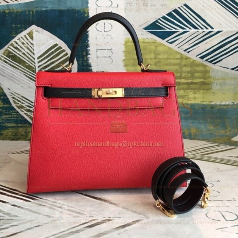 Replica Hermes Red Black Kelly 25 Gold Hardware Bag