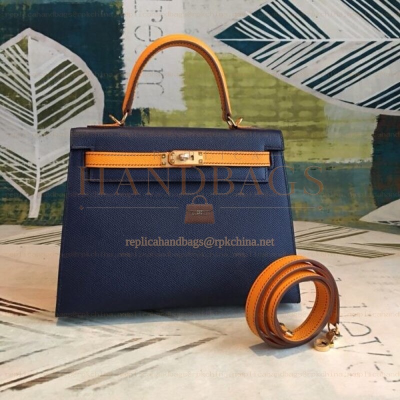 Replica Hermes Navy Orange Kelly 25 Contrast Stitch Bag