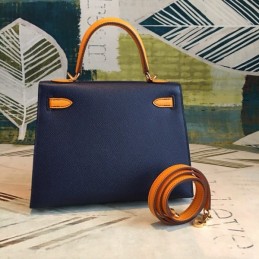 Replica Hermes Navy Orange Kelly 25 Contrast Stitch Bag