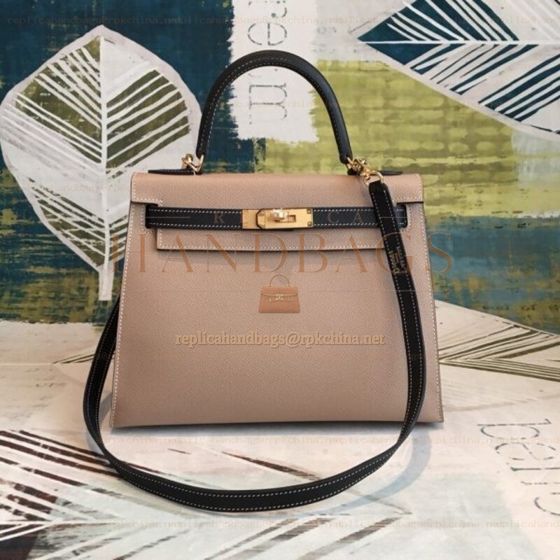 Replica Hermes Tan Black Kelly 25 Top Handle Bag