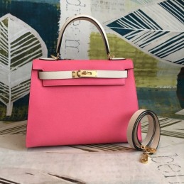 Replica Hermes Pink White Kelly 25 Gold Hardware Bag