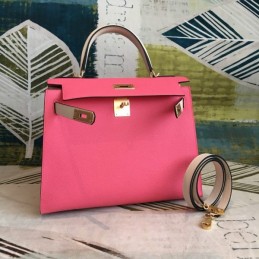 Replica Hermes Pink White Kelly 25 Gold Hardware Bag