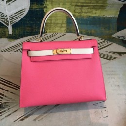 Replica Hermes Pink White Kelly 25 Gold Hardware Bag
