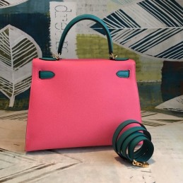 Replica Hermes Pink Teal Kelly 25 Shoulder Strap Gold Hardware Bag