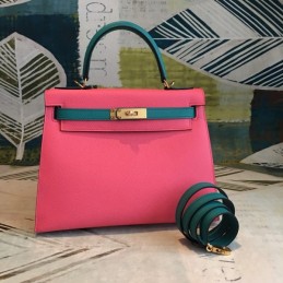 Replica Hermes Pink Teal Kelly 25 Shoulder Strap Gold Hardware Bag