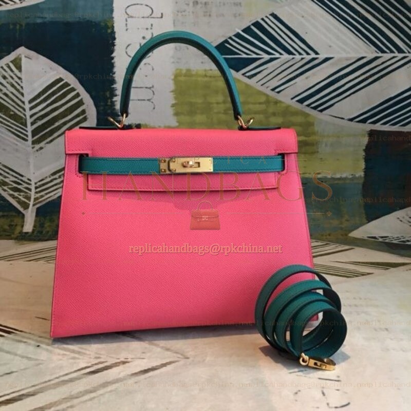 Replica Hermes Pink Teal Kelly 25 Shoulder Strap Gold Hardware Bag