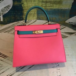Replica Hermes Pink Teal Kelly 25 Shoulder Strap Gold Hardware Bag