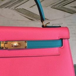 Replica Hermes Pink Teal Kelly 25 Shoulder Strap Gold Hardware Bag