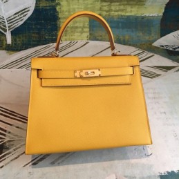 Replica Hermes Yellow Kelly 25 Textured Leather Gold Hardware Bag