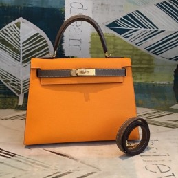 Replica Hermes Orange Brown Kelly 25 Gold Hardware Bag