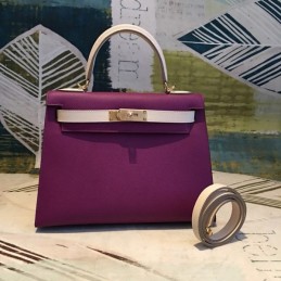 Replica Hermes Plum White Kelly 25 Gold Hardware Bag