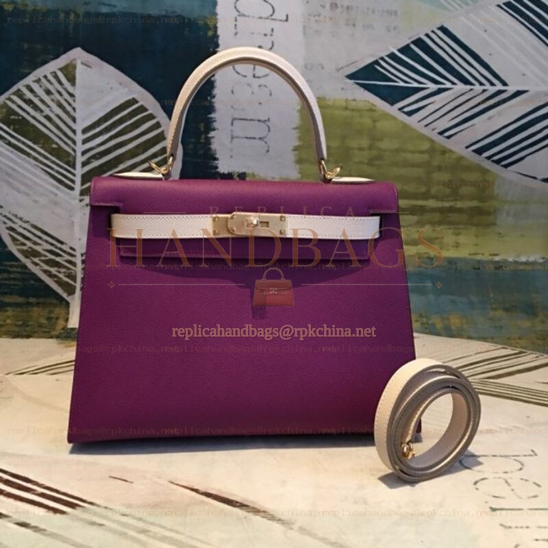 Replica Hermes Plum White Kelly 25 Gold Hardware Bag