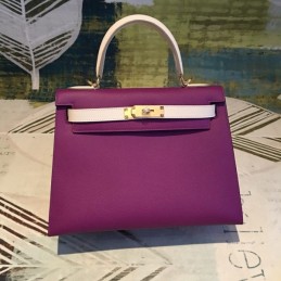 Replica Hermes Plum White Kelly 25 Gold Hardware Bag
