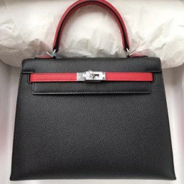Replica Hermes Black Kelly 28 Textured Leather Bag