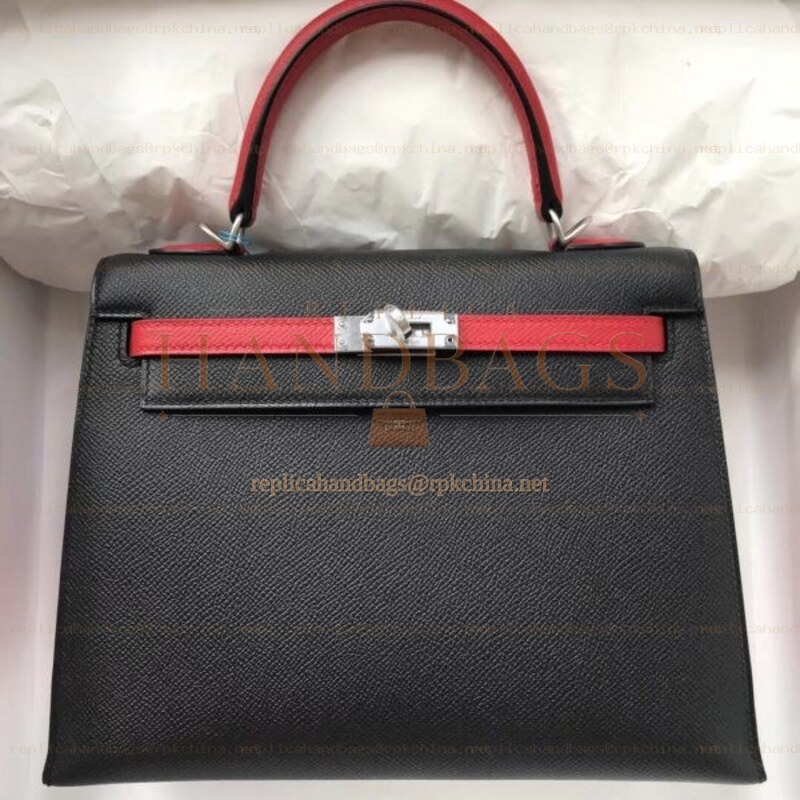 Replica Hermes Black Kelly 28 Textured Leather Bag