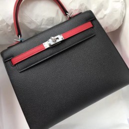 Replica Hermes Black Kelly 28 Textured Leather Bag