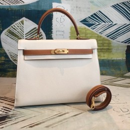 Replica Hermes White Tan Kelly 28 Gold Hardware Bag