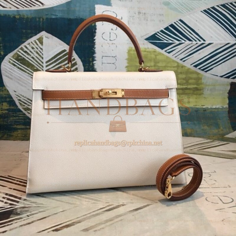 Replica Hermes White Tan Kelly 28 Gold Hardware Bag