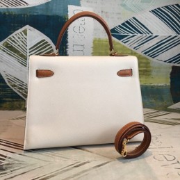 Replica Hermes White Tan Kelly 28 Gold Hardware Bag