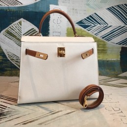 Replica Hermes White Tan Kelly 28 Gold Hardware Bag