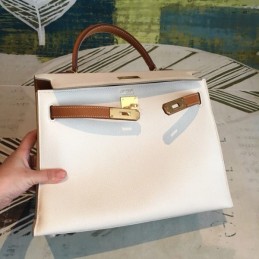 Replica Hermes White Tan Kelly 28 Gold Hardware Bag