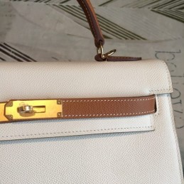 Replica Hermes White Tan Kelly 28 Gold Hardware Bag