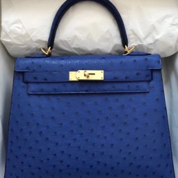 Replica Hermes Blue Ostrich Leather Kelly 28 Gold Hardware Bag
