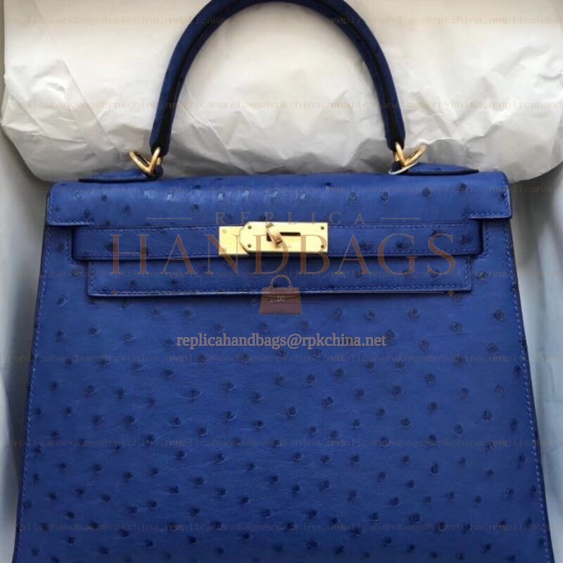 Replica Hermes Blue Ostrich Leather Kelly 28 Gold Hardware Bag