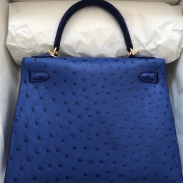 Replica Hermes Blue Ostrich Leather Kelly 28 Gold Hardware Bag