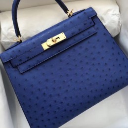 Replica Hermes Blue Ostrich Leather Kelly 28 Gold Hardware Bag