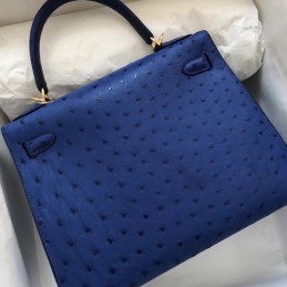 Replica Hermes Blue Ostrich Leather Kelly 28 Gold Hardware Bag