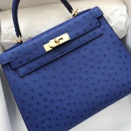 Replica Hermes Blue Ostrich Leather Kelly 28 Gold Hardware Bag