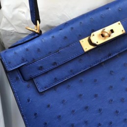 Replica Hermes Blue Ostrich Leather Kelly 28 Gold Hardware Bag