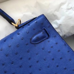 Replica Hermes Blue Ostrich Leather Kelly 28 Gold Hardware Bag