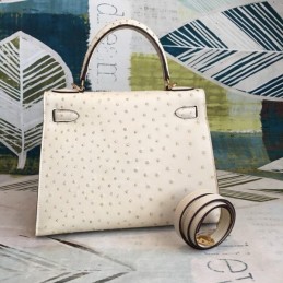 Replica Hermes White Ostrich Leather Kelly 32 Gold Hardware Bag