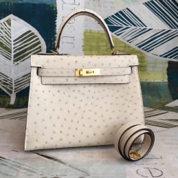 Replica Hermes White Ostrich Leather Kelly 32 Gold Hardware Bag