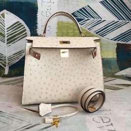 Replica Hermes White Ostrich Leather Kelly 32 Gold Hardware Bag
