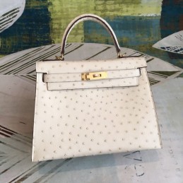 Replica Hermes White Ostrich Leather Kelly 32 Gold Hardware Bag