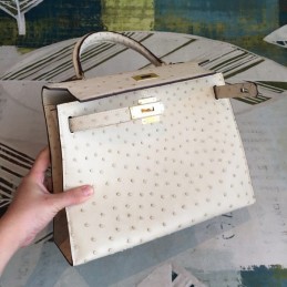 Replica Hermes White Ostrich Leather Kelly 32 Gold Hardware Bag