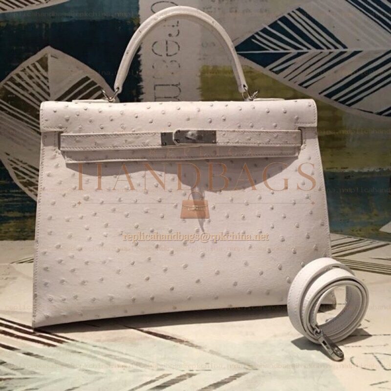 Replica Hermes Ivory Ostrich Leather Kelly 35 Palladium Hardware Bag