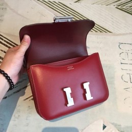 Replica Hermes Red Burgundy Constance Mini 18 Palladium Hardware Bag