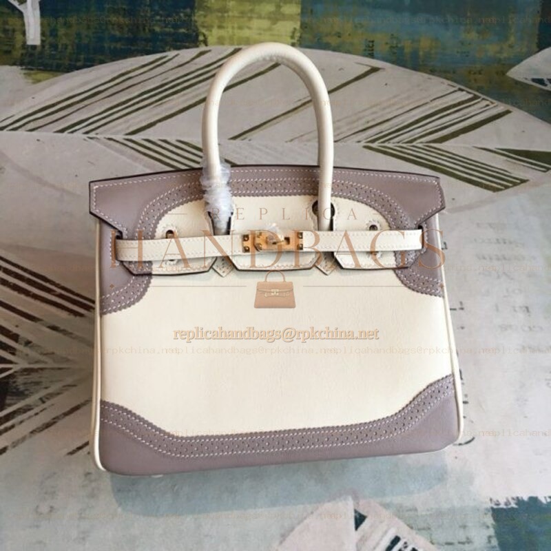 Replica Hermes White Gray Birkin 25 Gold Hardware Bag