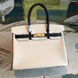 Replica Hermes White Black Birkin 30 Gold Hardware Bag