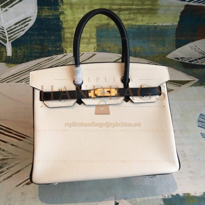 Replica Hermes White Black Birkin 30 Gold Hardware Bag
