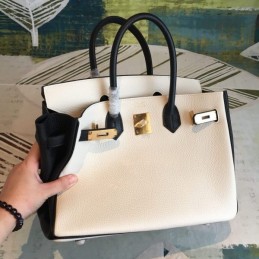 Replica Hermes White Black Birkin 30 Gold Hardware Bag